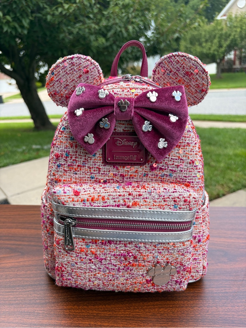 Loungefly Disney Minnie Mouse Glitter Tweed Bow Mini Backpack NWT Exclusive